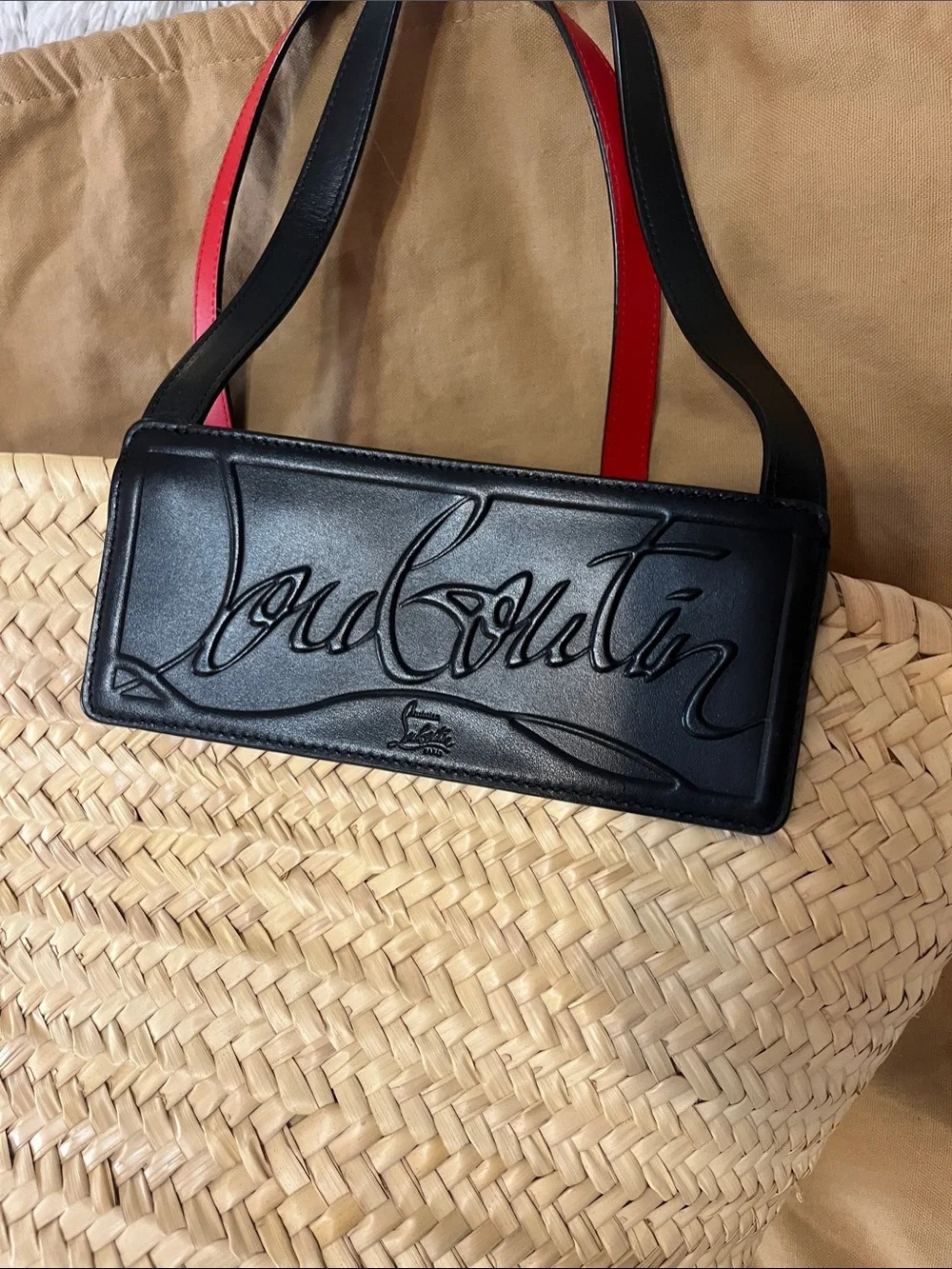 Christian Louboutin Natural Straw Tote with Black Trim and Red Strap Accents